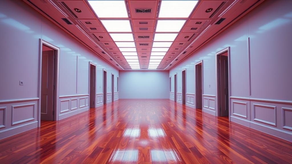 Surreal Futuristic Television Studio Corridor in Neon Glow