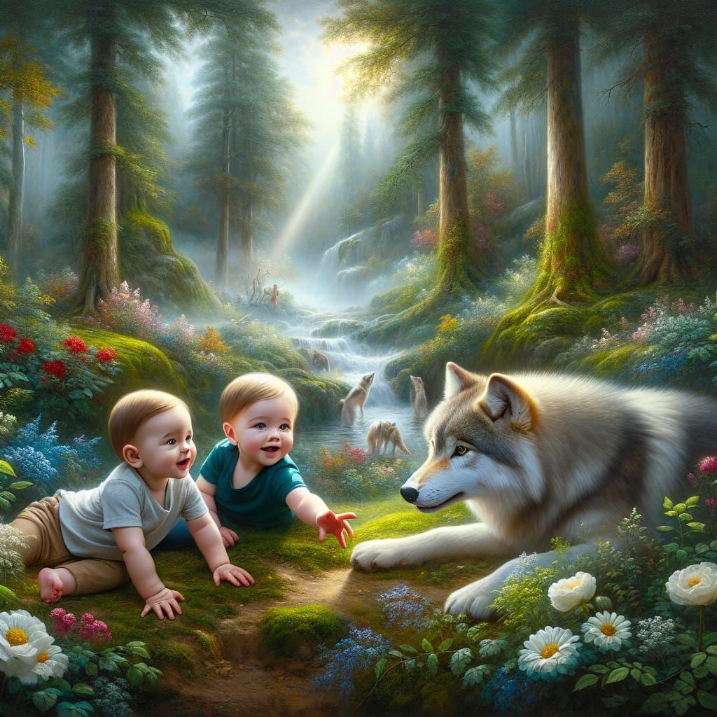Boys and Wolf in Mystical Forest: Oil Painting
