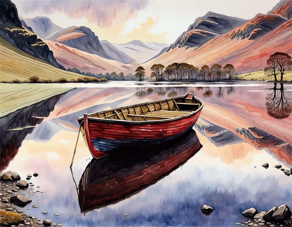 Watercolor Boat on Lake Buttermere at Dawn