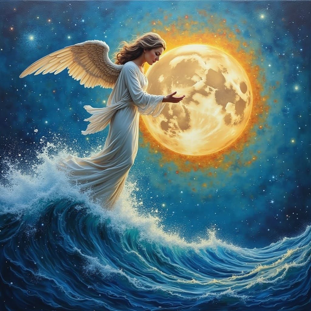 Archangel Gabriel, Moon, and Ocean Waves