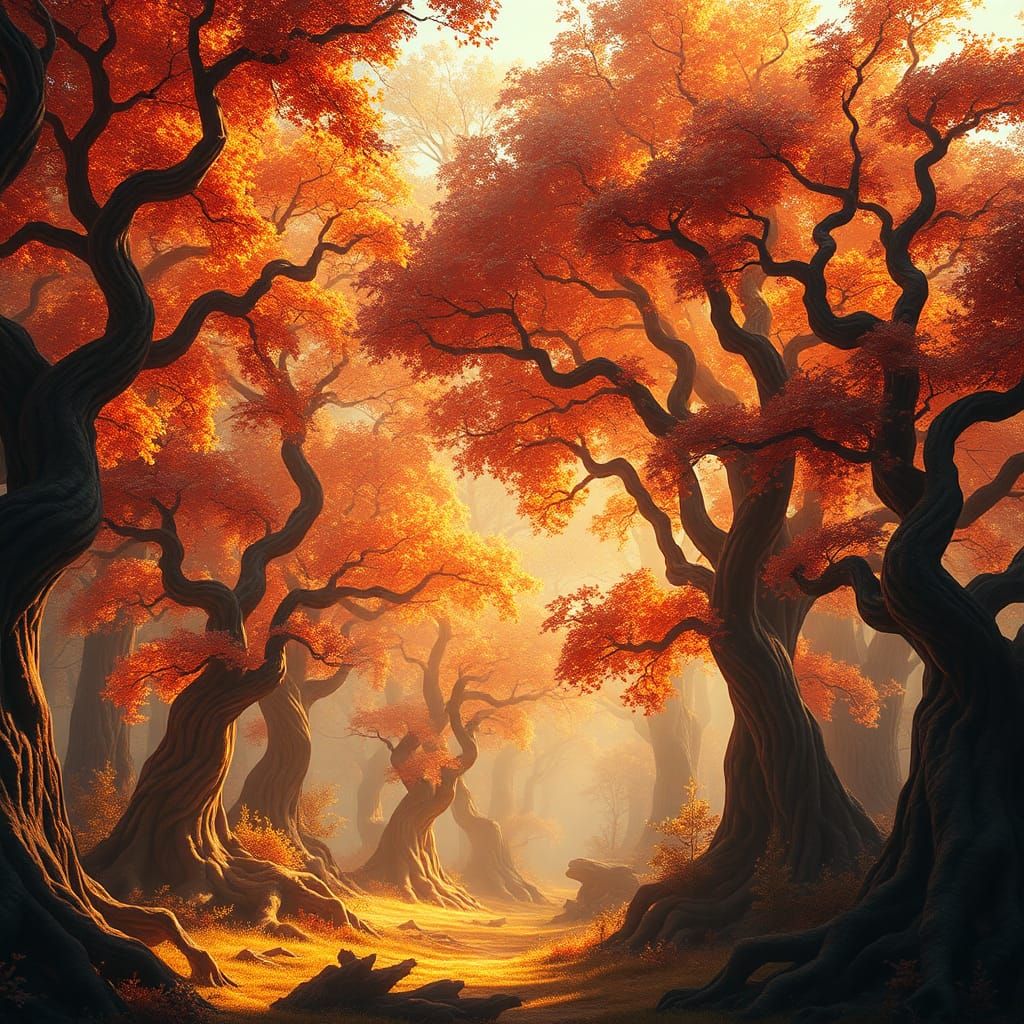 Glowing Autumn Trees in Dreamlike Forest, Digital Matte Pain...