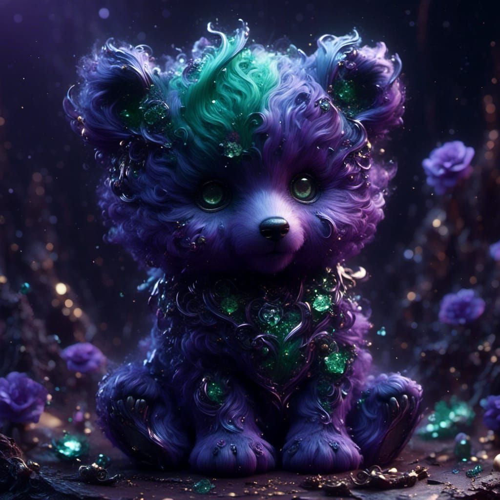 Purple Emerald Chibi Bear Cub with Sparkle Effect