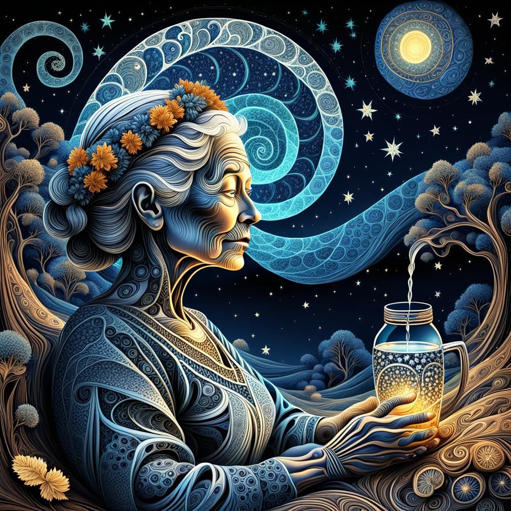 Abstract Fractal Portrait of Woman Under Stars