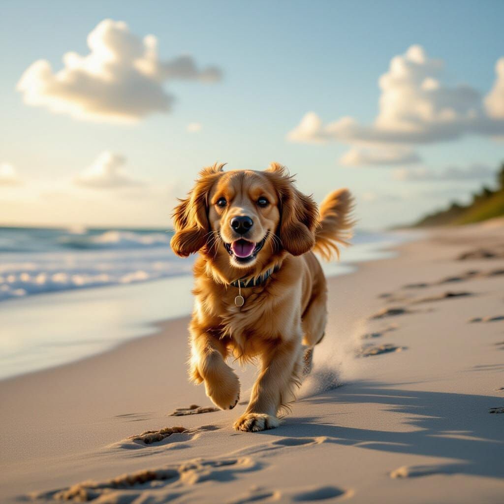 Cocker Spaniel Runs on Beach: Photorealistic Cinematic Image