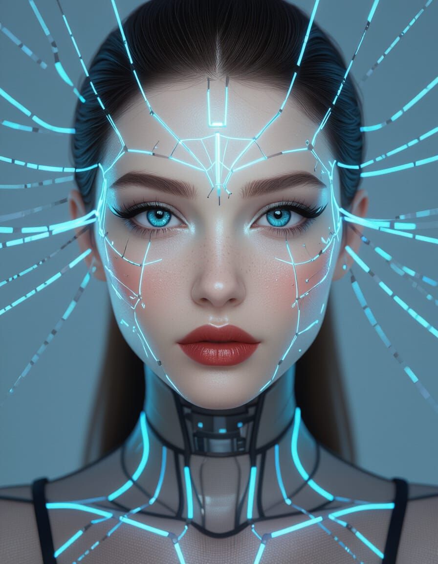 Cybernetic Woman Portrait with Neon Face Art