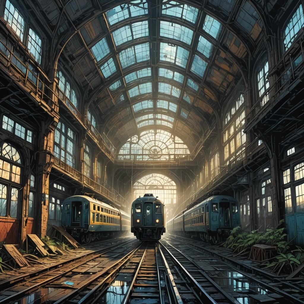 Abandoned Train Station in Dystopian Surrealism