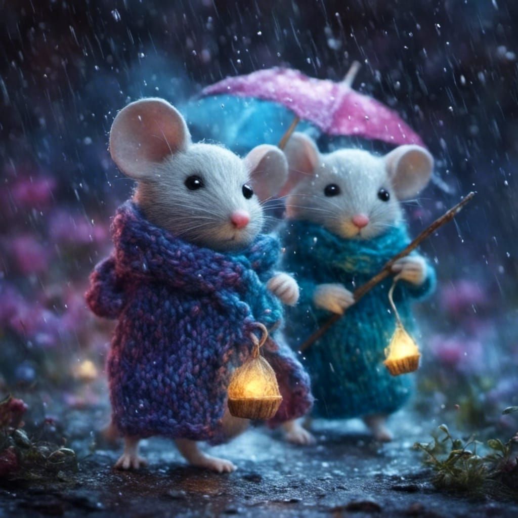 Adorable Knitted Mice in the Rain