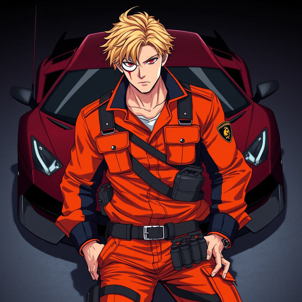 Scarred Man in Jumpsuit Leaning on Lamborghini, Manga Style