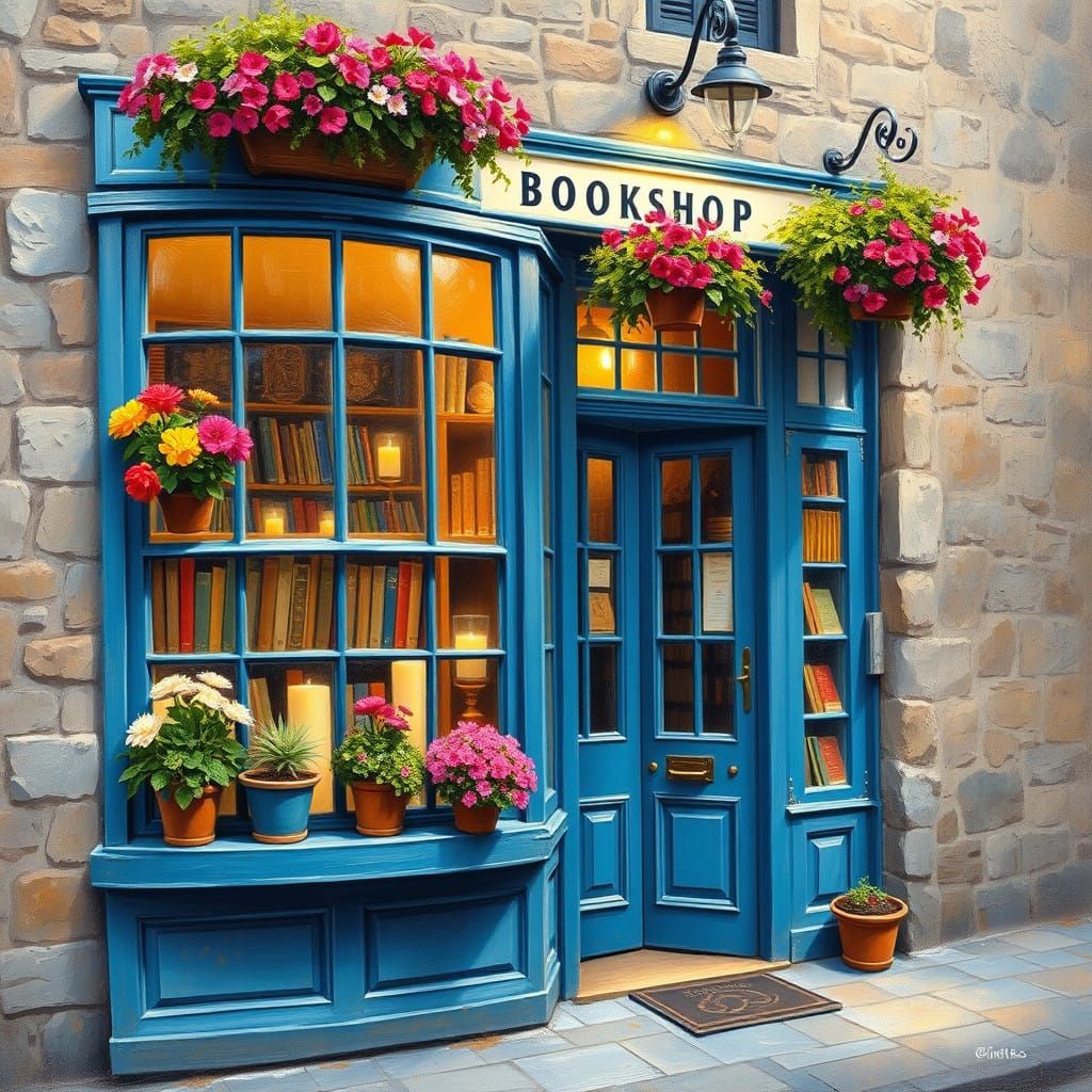 Whimsical Blue Bookshop Facade in Warm Impasto Style