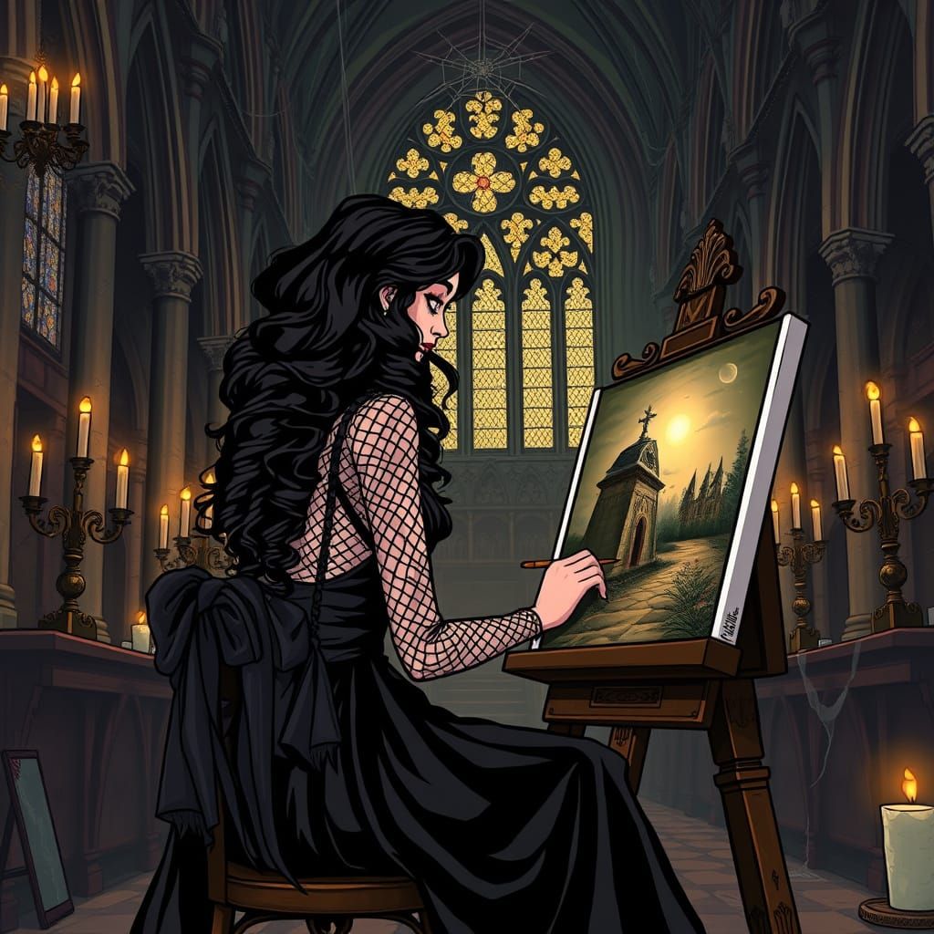 Gothic Artist Captured in Whimsical Haunted Church Scene