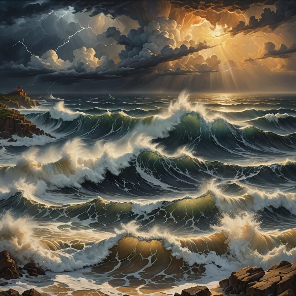 Dramatic Ocean Storm Oil Painting in 8K