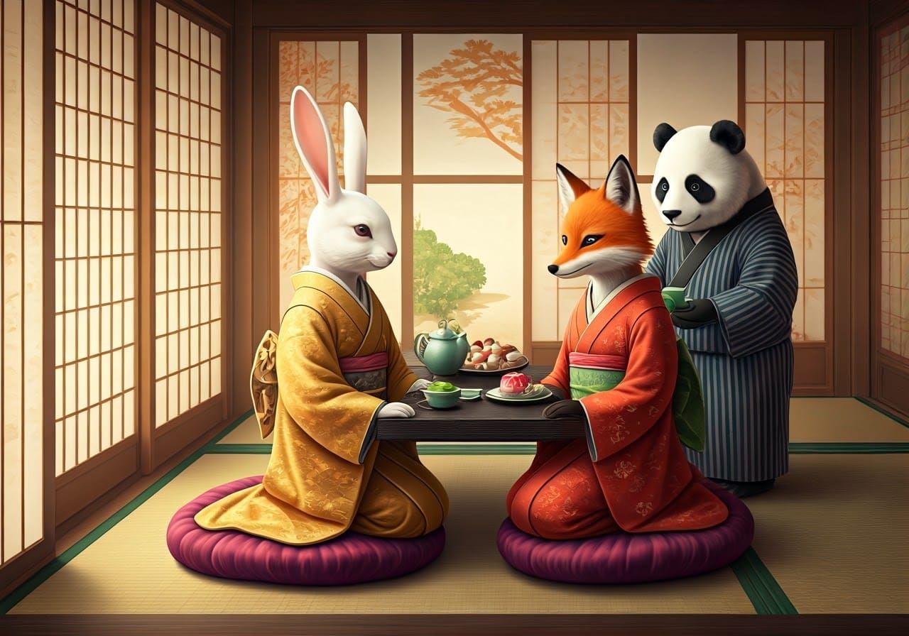 Japanese Geishas Enjoy Tea at a Traditional Teahouse