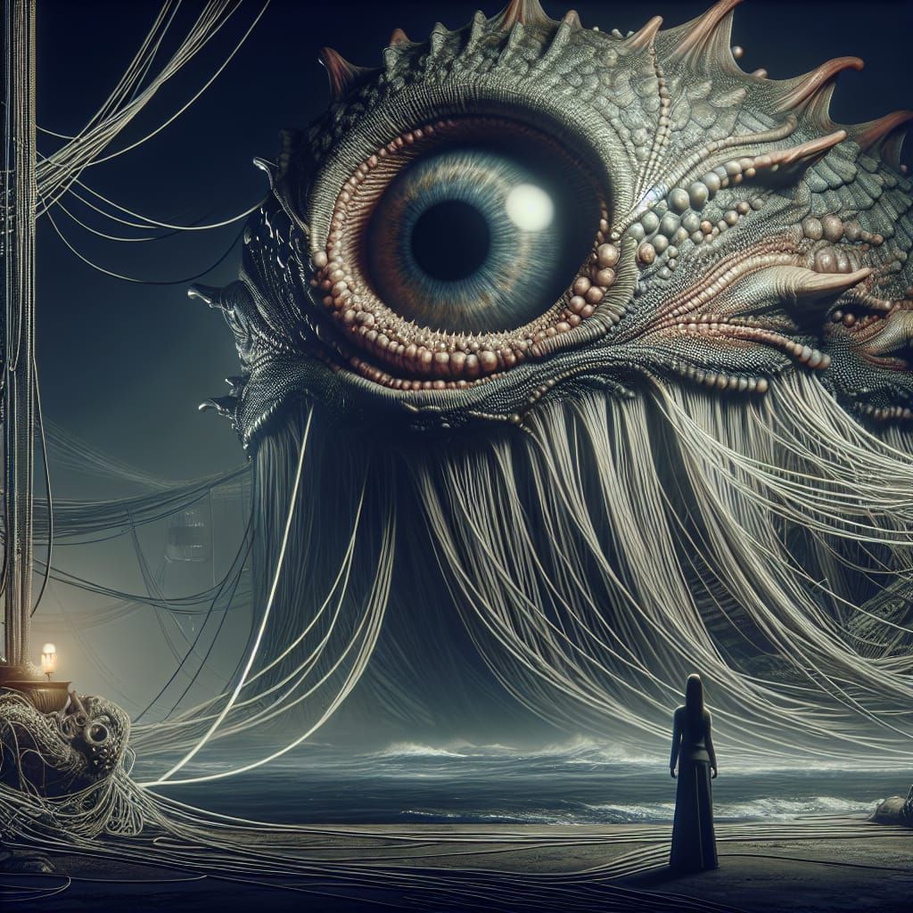 Mystical One-Eyed Creature in Dark Surreal Scene