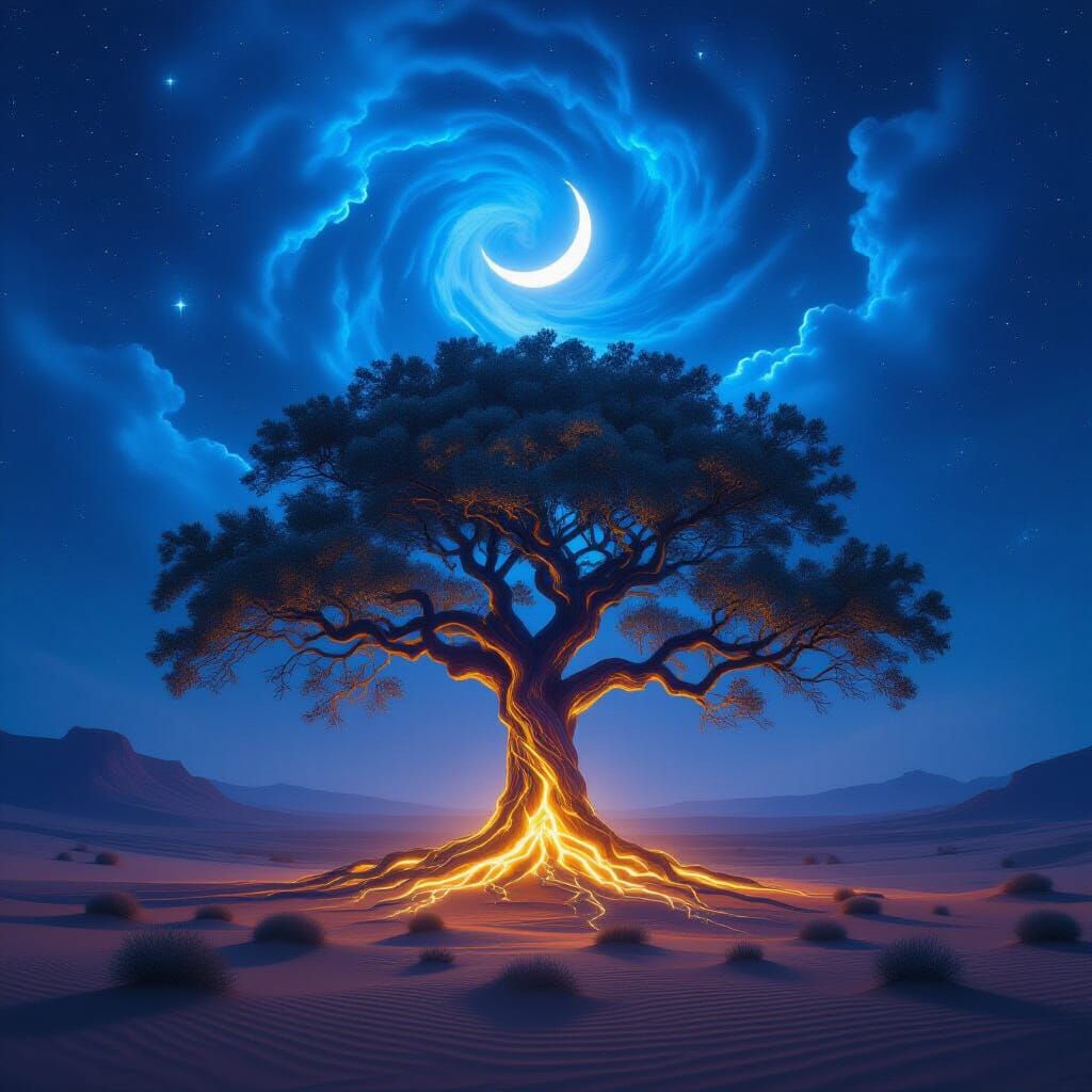 Ancient Tree With Glowing Roots in Starlit Desert Nebula Sky