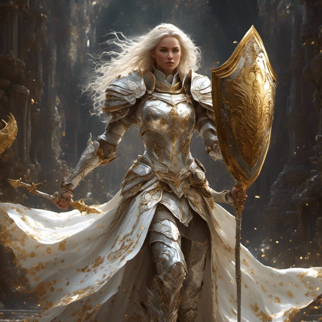 A female Cleric, in white and silver adorned armor