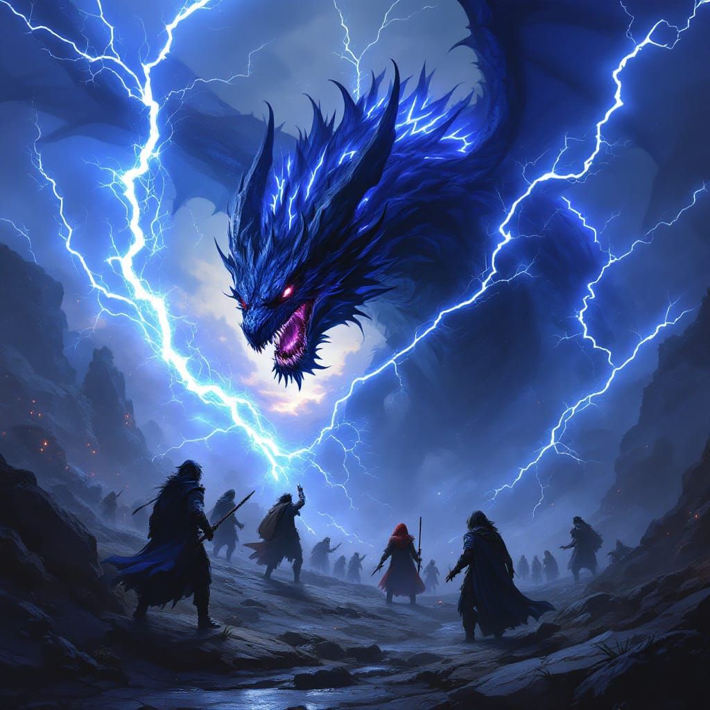 Adventurers Confront Lightning Dragon at Twilight