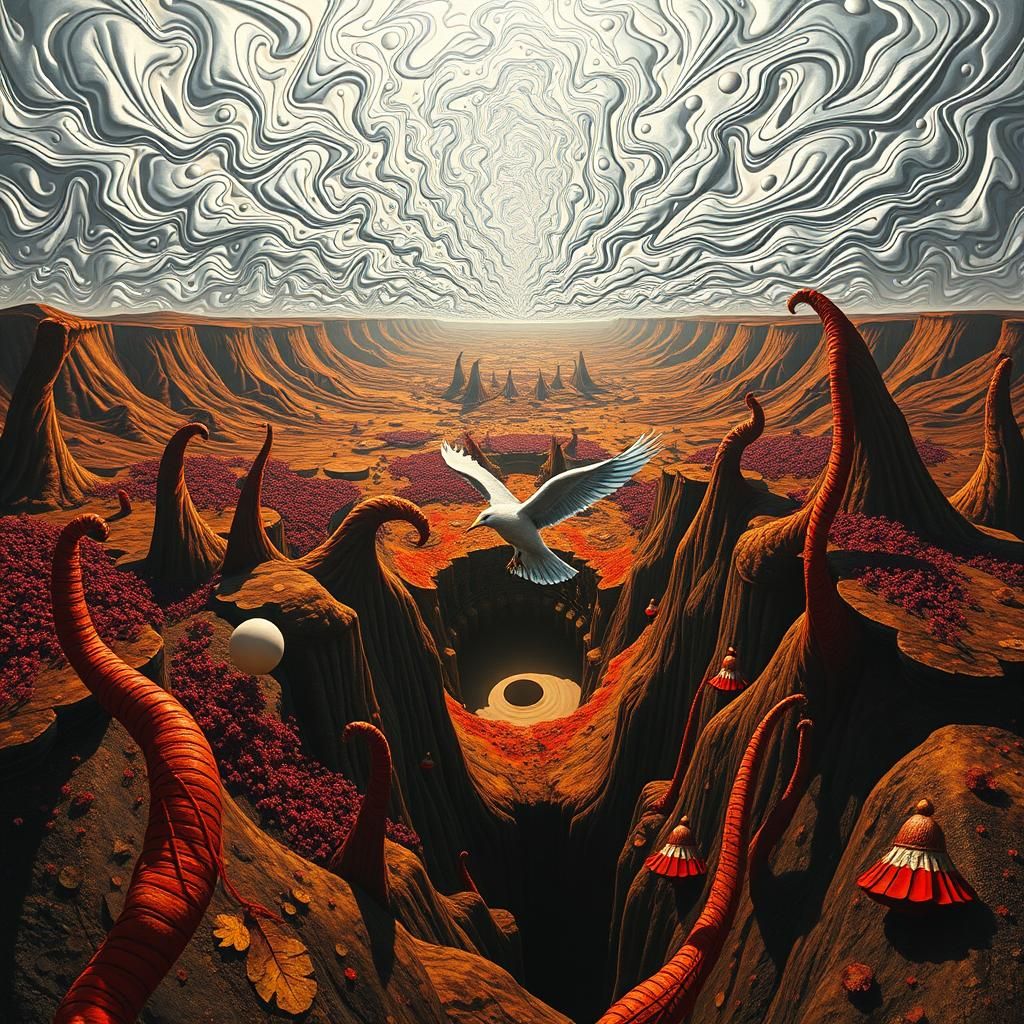 Surreal Landscape with Elastic Flora and Thunderbird Vortex