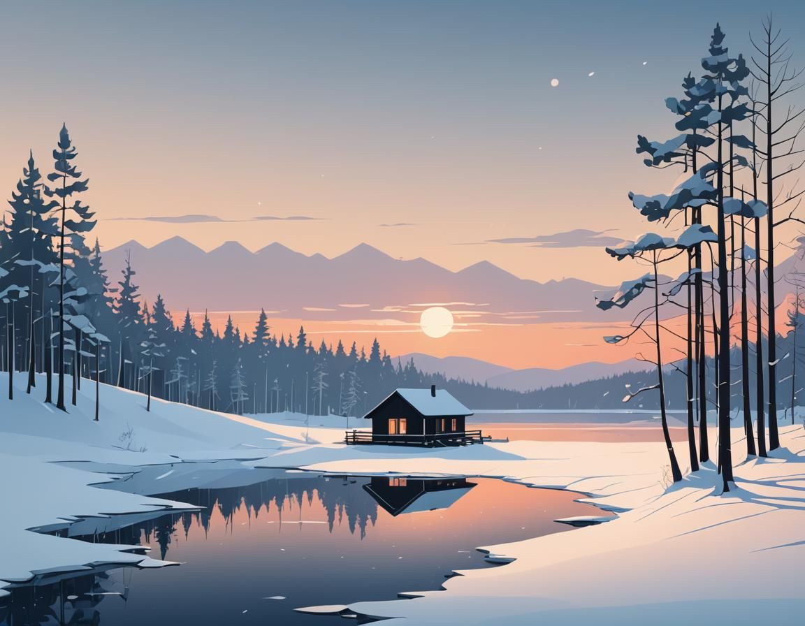 Minimalist Geometric Winter Landscape in Anime Style