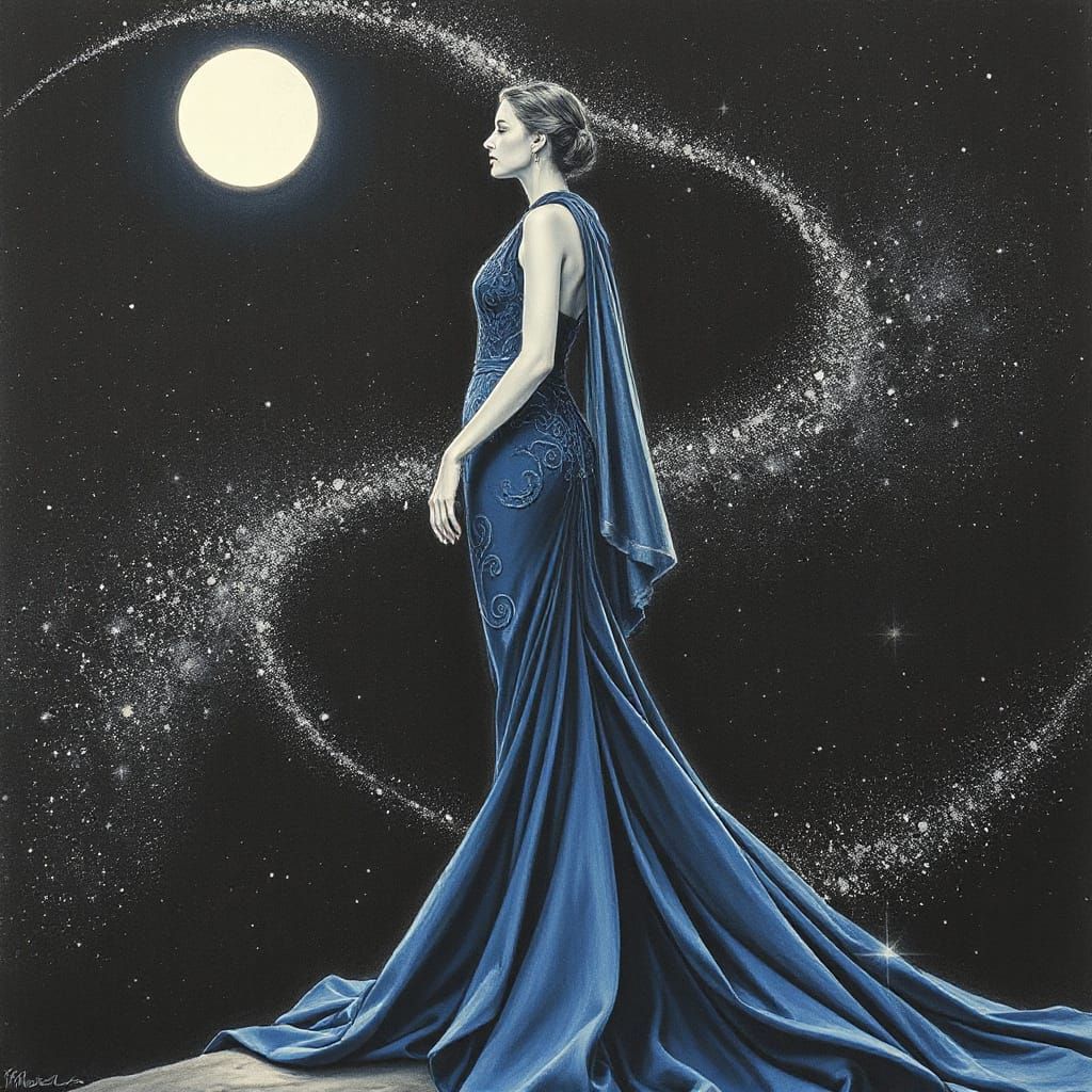 Elegant Lady Night Shines Bright Against Starry Sky in Charc...