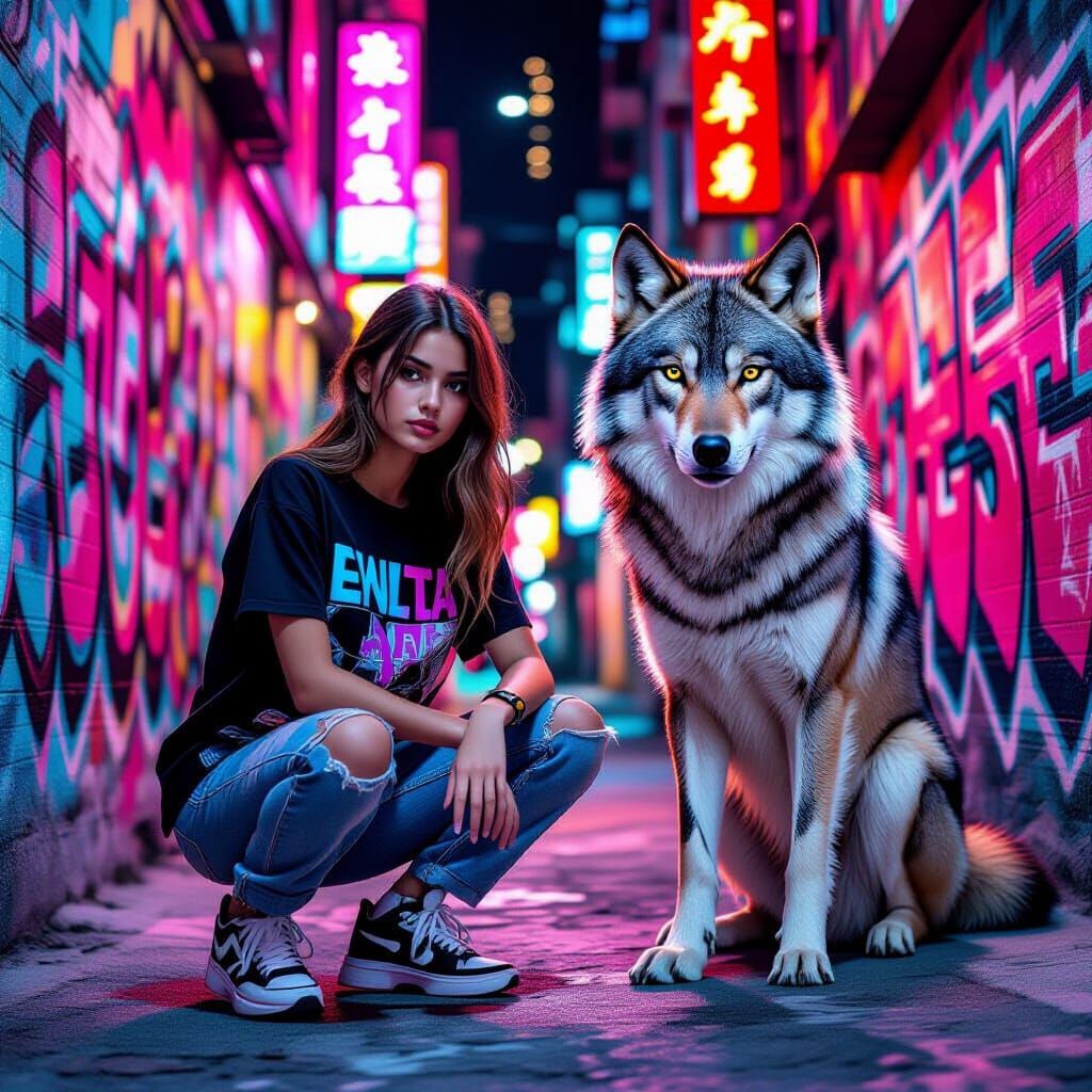 Girl and Wolf in Neon Graffiti Alley