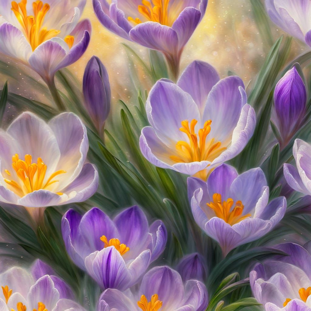 Crocus Flowers Blooming in Spring: Macrophotography in Oil P...