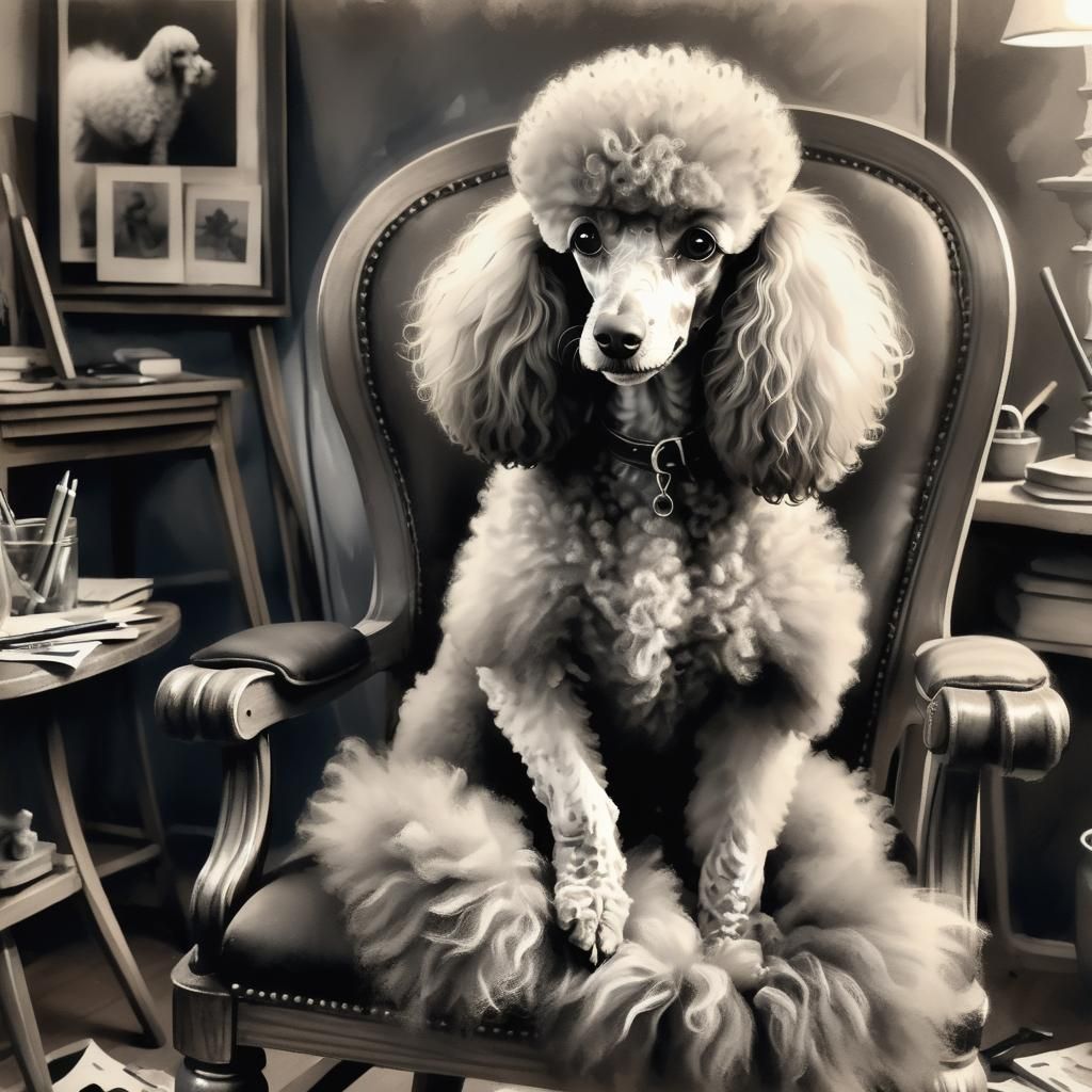Monochrome Pencil Poodle in Artist's Studio