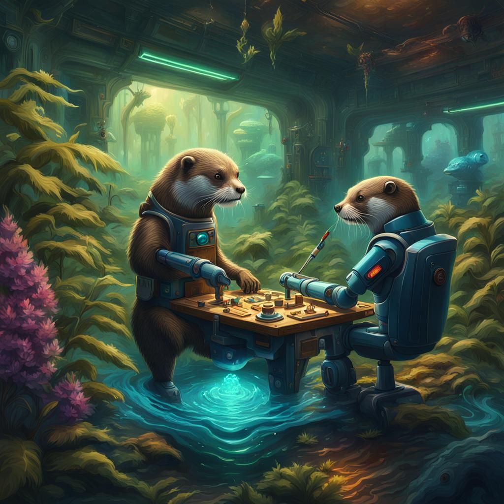 An otter and robot teaming up to create a collaborative painting masterpiece while enjoying the relaxing effects of mari...