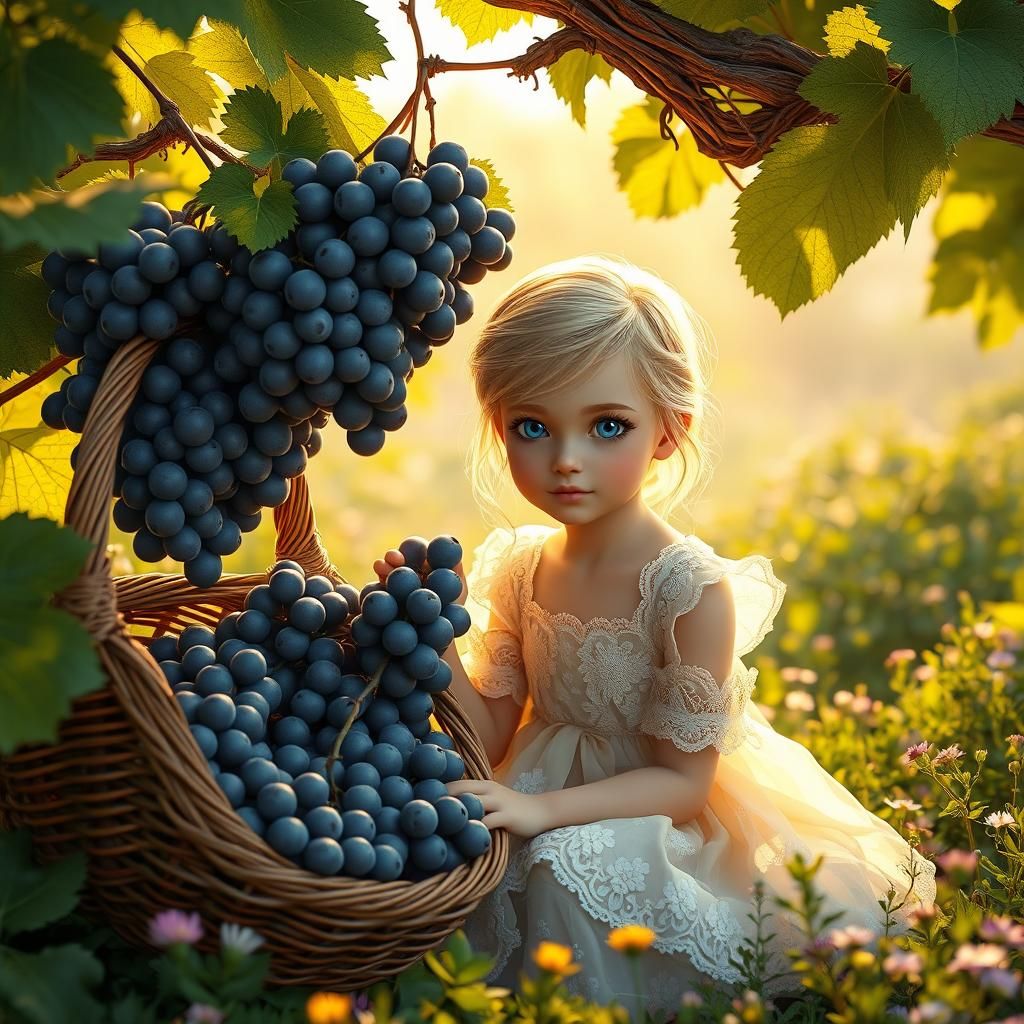 Enchanting 3D Garden Scene with Girl and Grapes