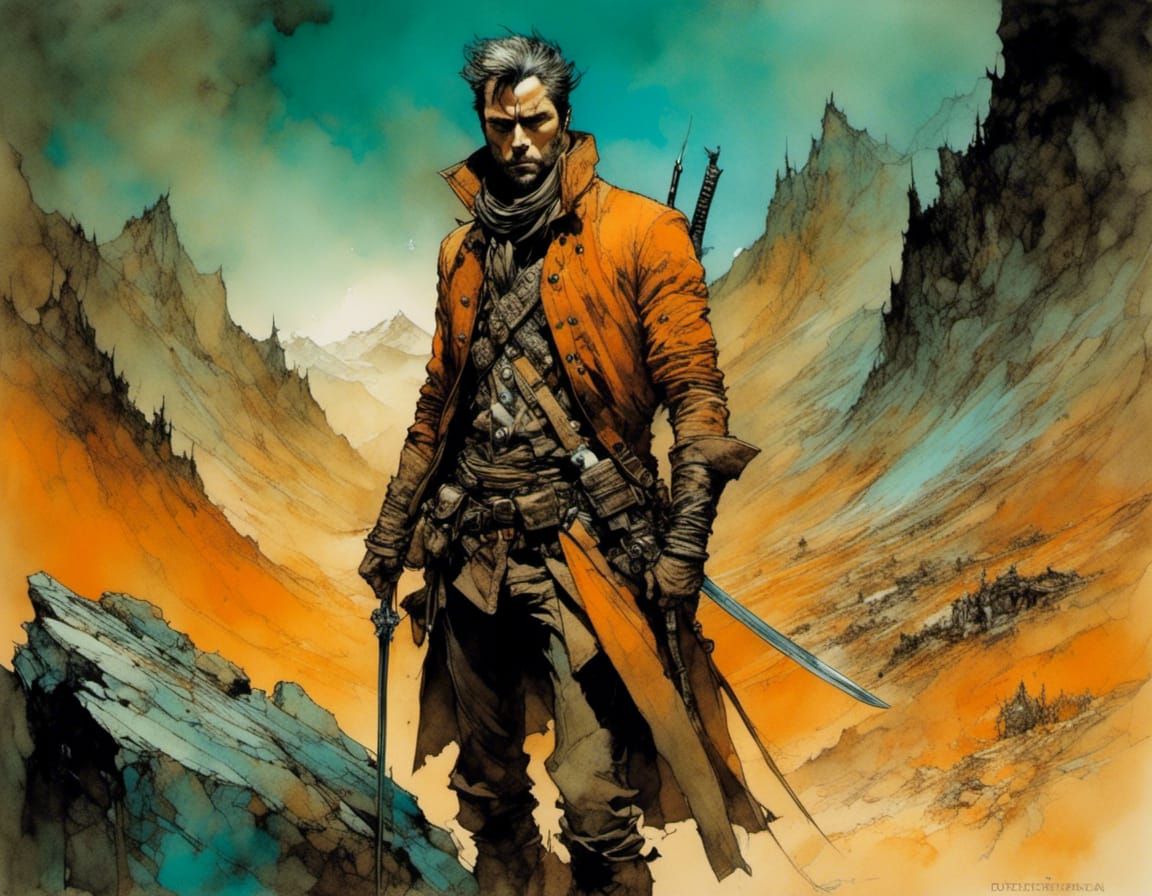 Terrified Man with Expressive Look and Bloody-Orange Sky