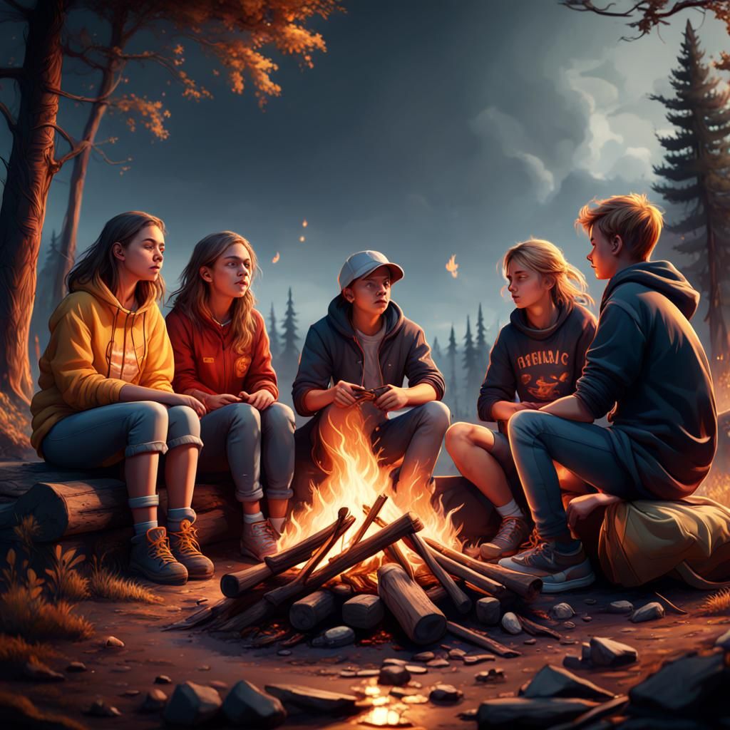 Teenagers Around Campfire: Fantasy Concept Art