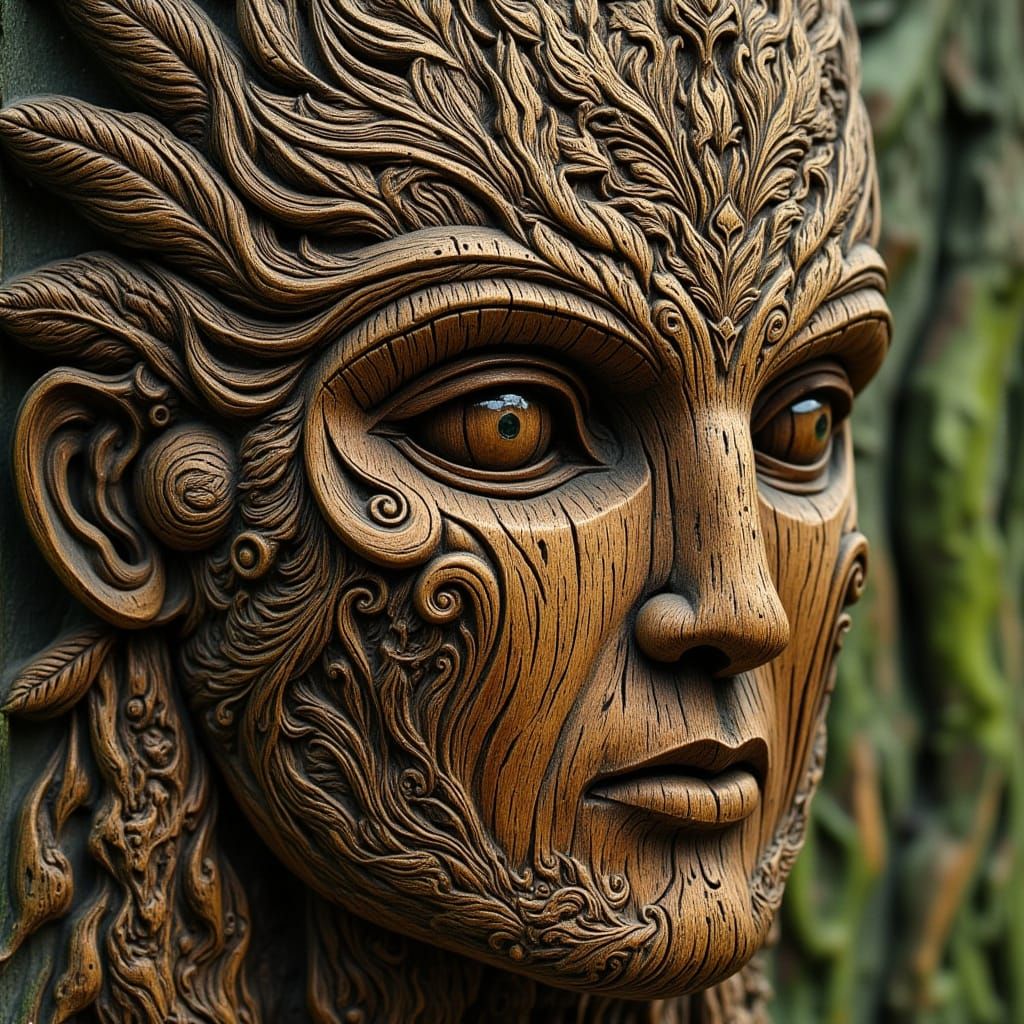 Surreal Wooden Mask in Whimsical Woodcut Style