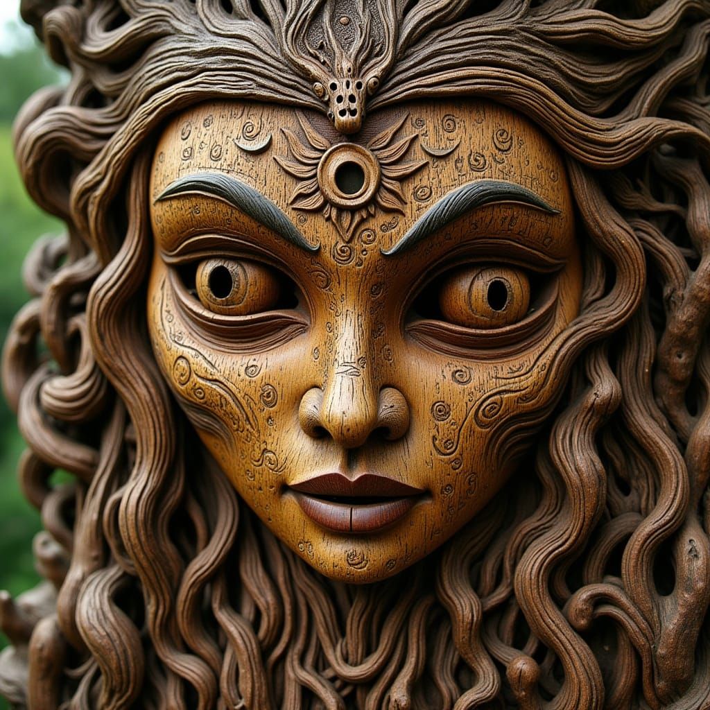 Intricate Wooden Mask of a Benevolent Forest Witch
