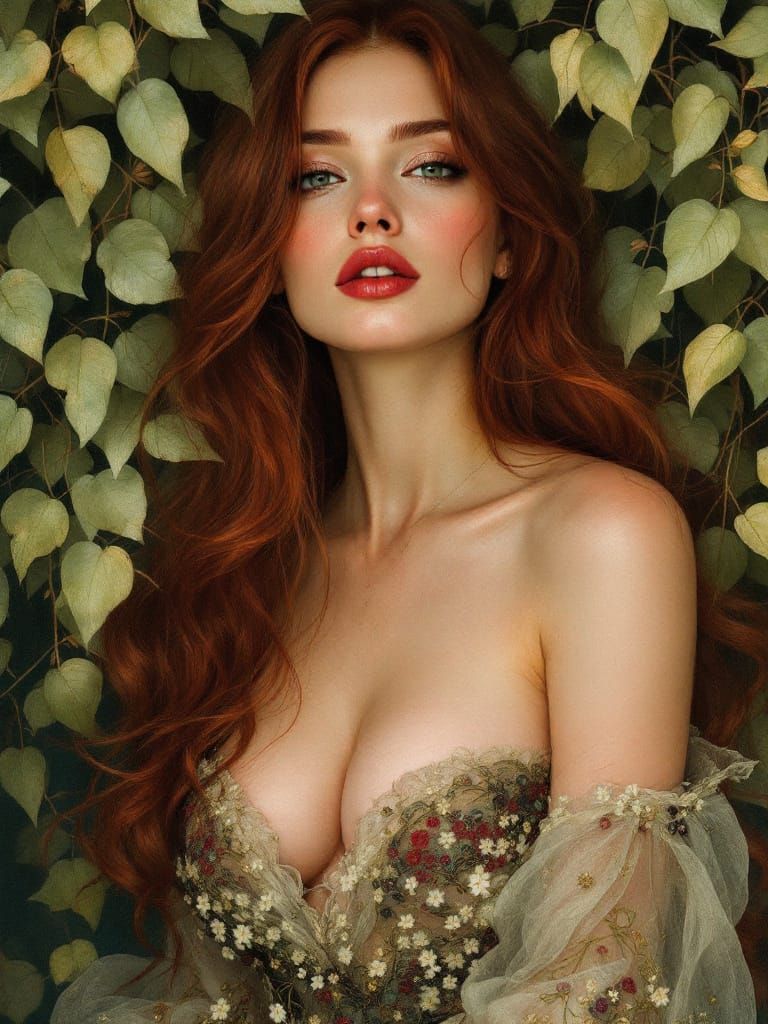 Sensual Woman Portrait with Green Leaves in Klee Klimt Style