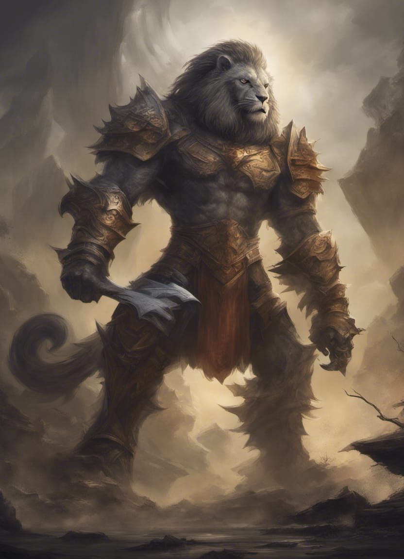 Fierce Armored Lion Knight Warrior in Dark Fantasy Style