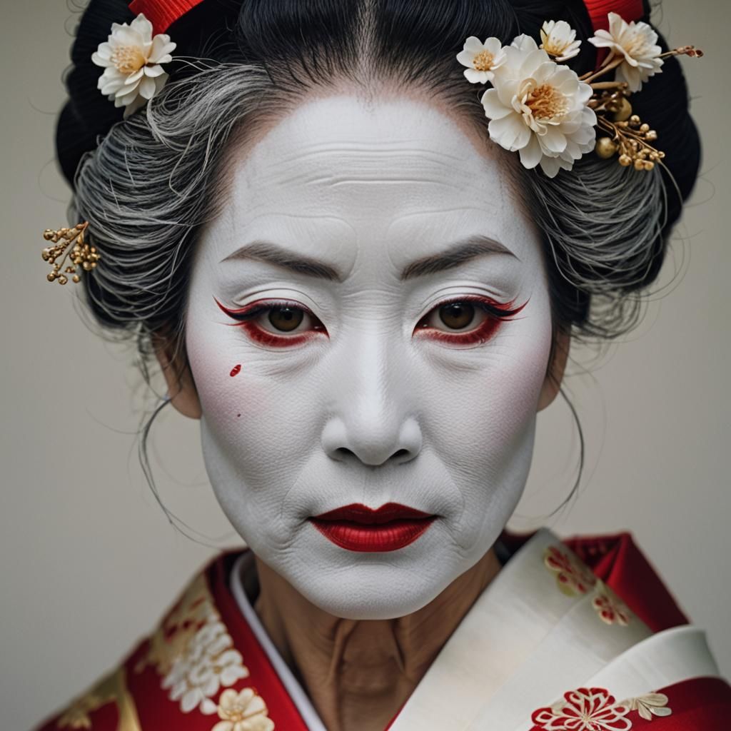 Captivating Portrait of an Old Geisha in Traditional Makeup