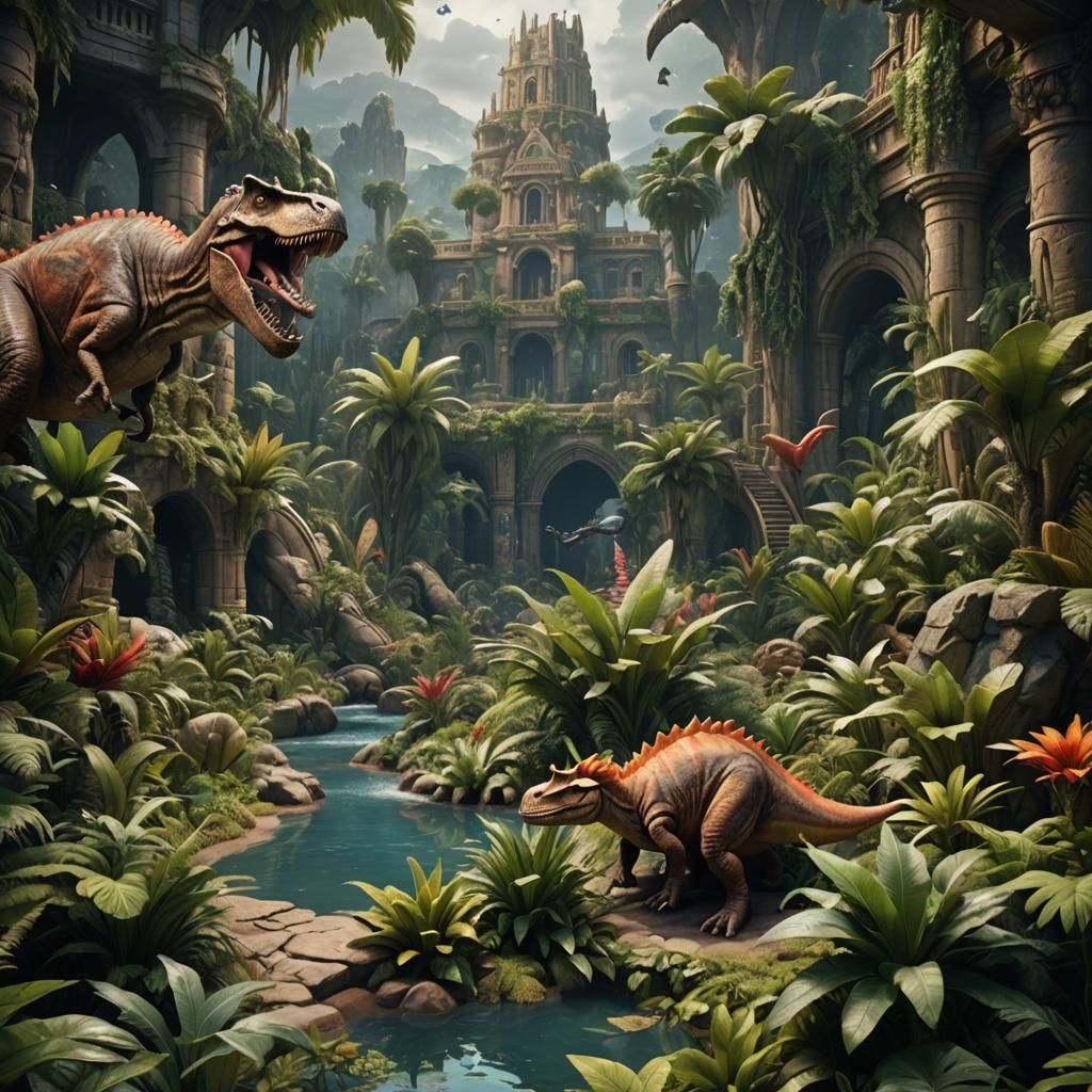 Prehistoric Landscape with Dinosaurs in Detailed Matte Paint...