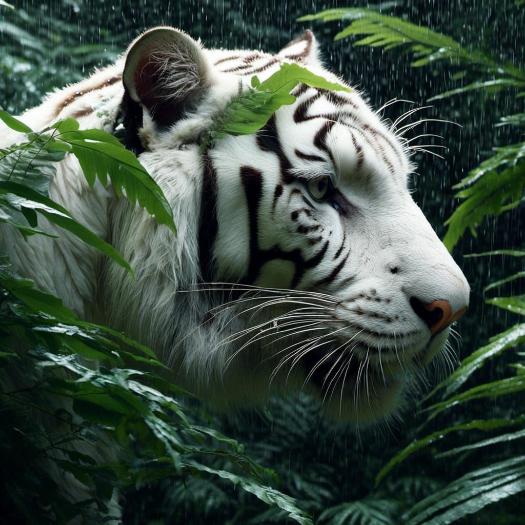 White Bengal Tiger in Rainstorm, Hyperrealistic Wildlife Pho...