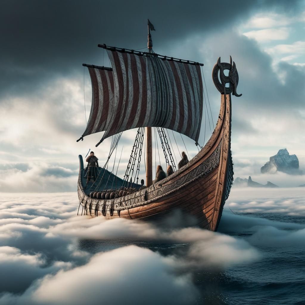 Viking Longship Sails the Cloudy Skies of Valhalla