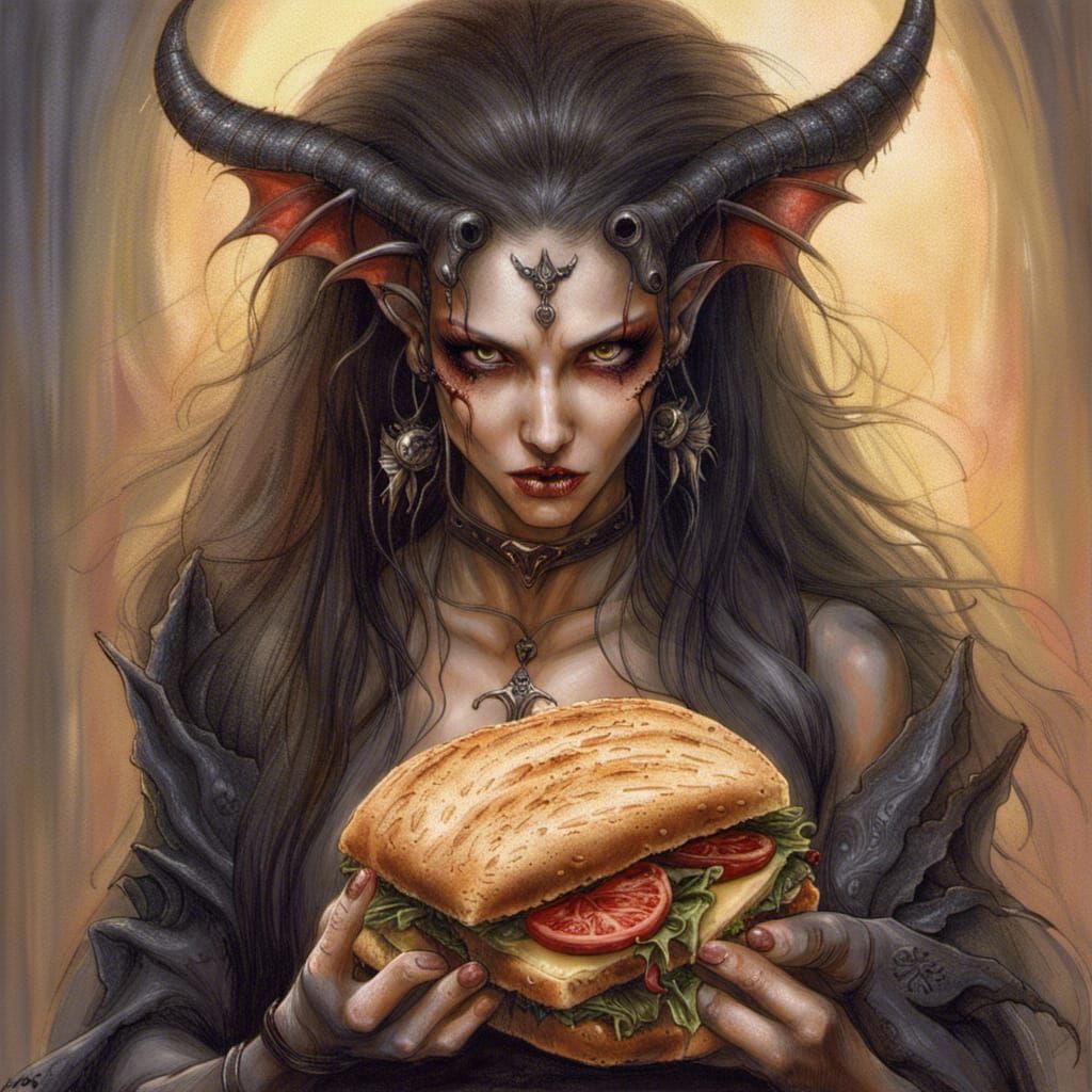 Succubus Cuddles Sandwich: Hyperrealistic Luis Royo Style