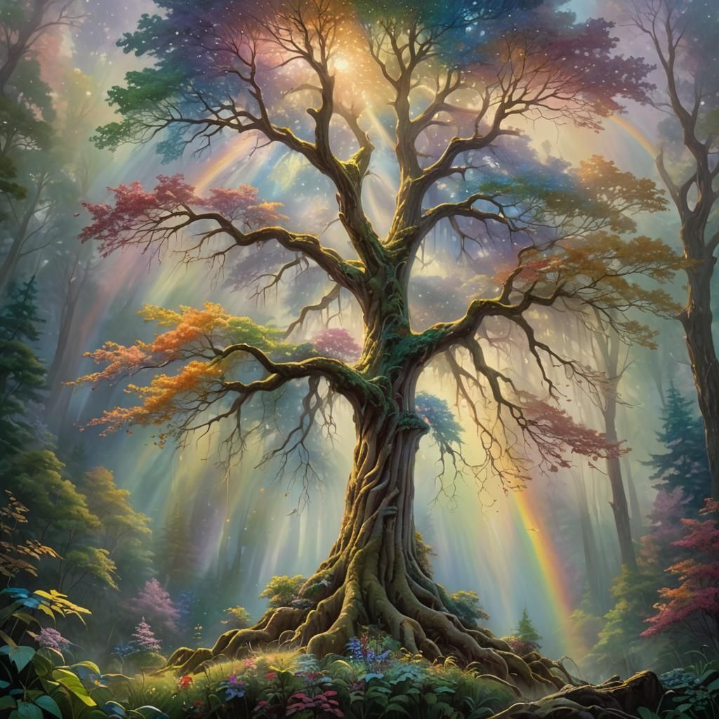 Enchanted Rainbow Tree in Mystical Forest