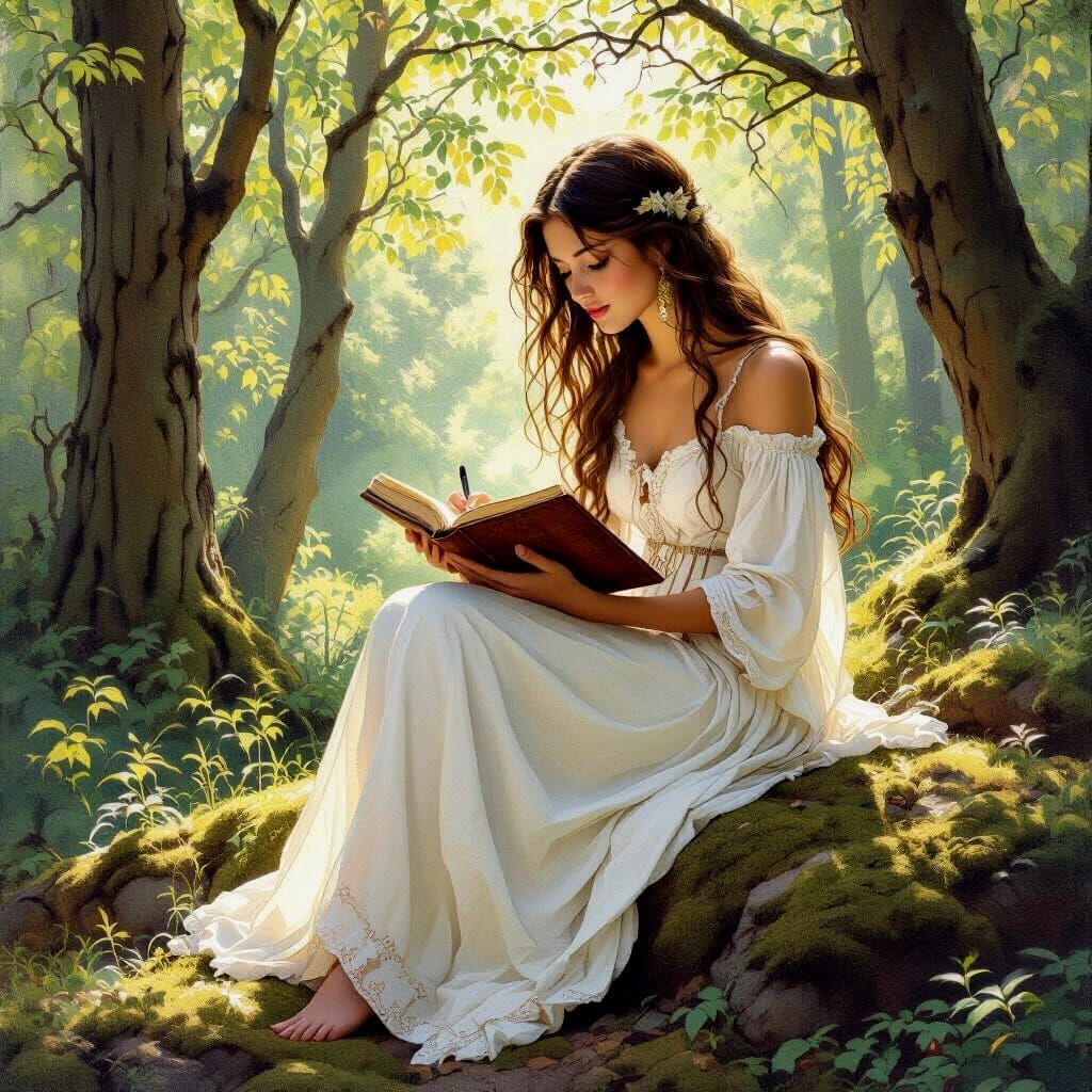 Woman Sketching in Forest, Painterly Style