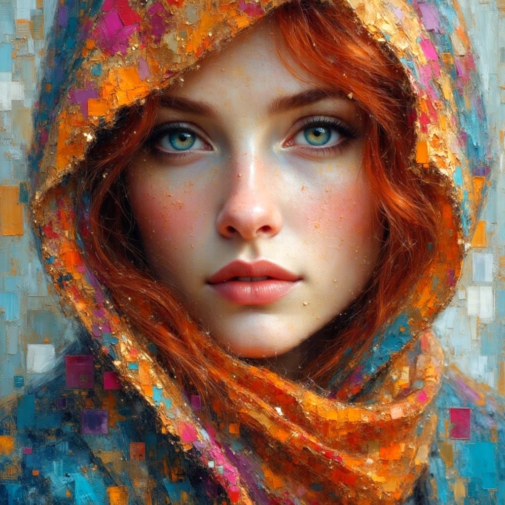 Striking Auburn-Haired Woman with Colorful Cape Portrait