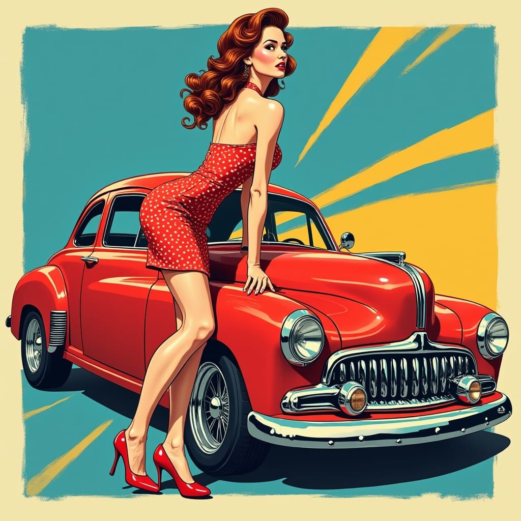Pinup Girl on Hot Rod in Art Deco Style