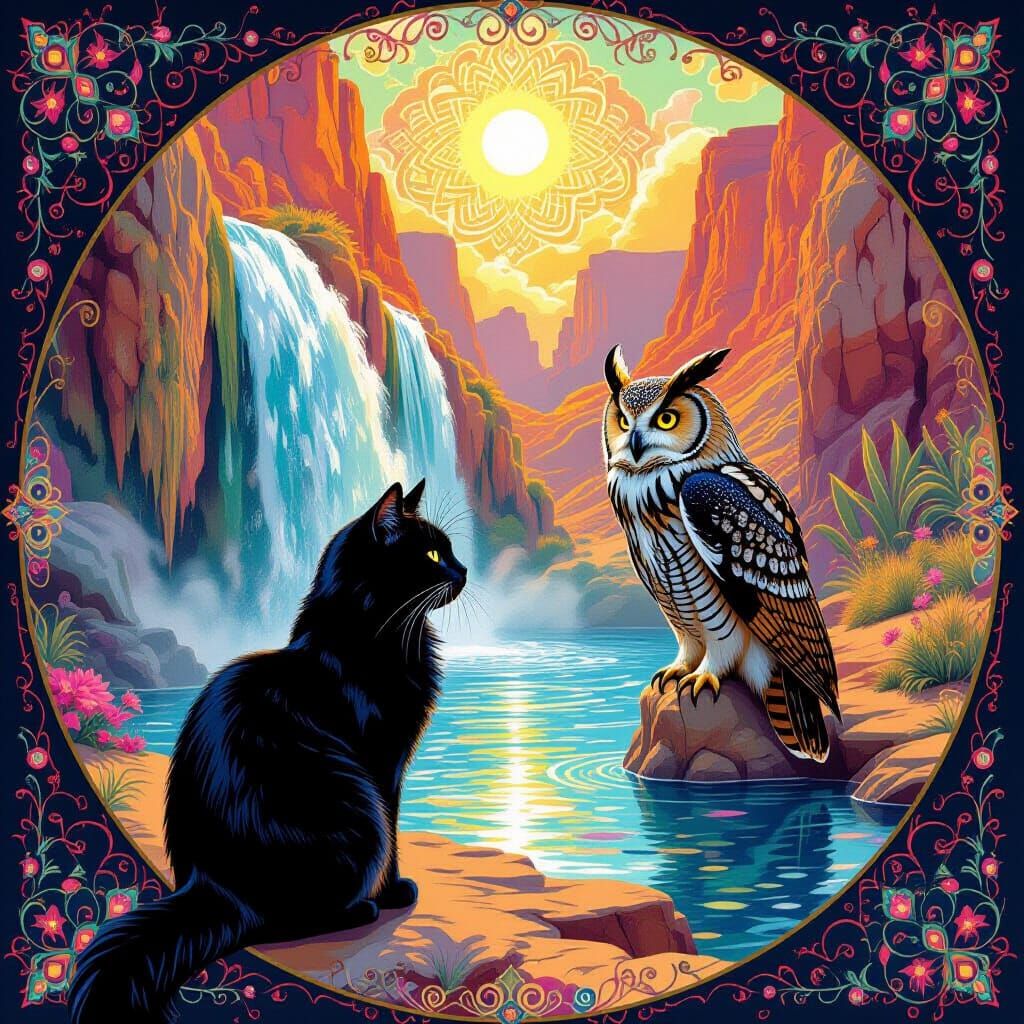 Mystical Cat and Owl by Desert Waterfall, Pre-Raphaelite Sty...