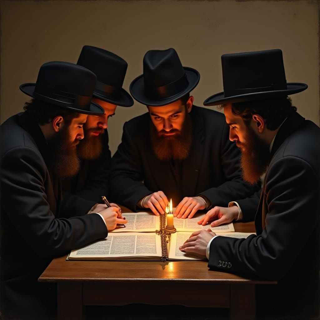Traditional Orthodox Students Study Talmud in Warm Candlelig...