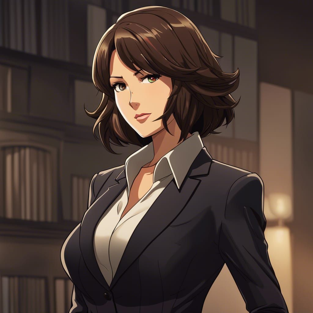 Dominating Anime Woman in Dark Suit