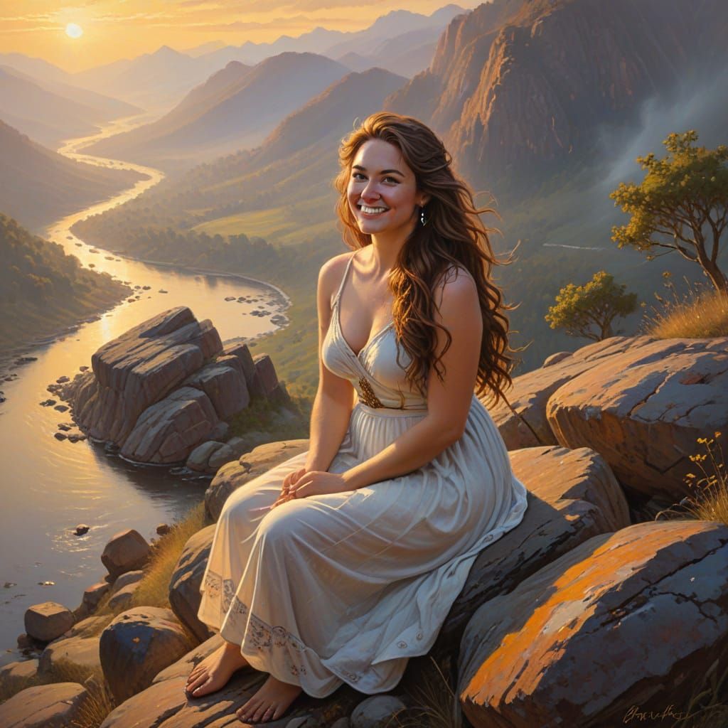 Woman Overlooking Misty Valley as Oil Painting