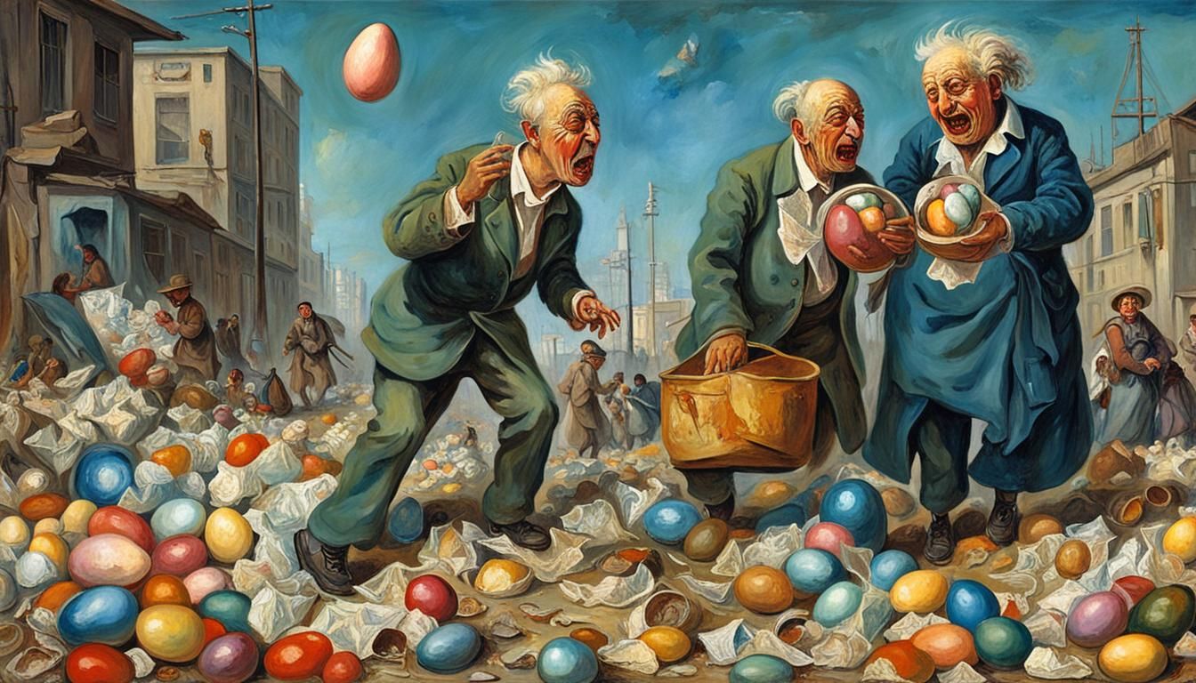 Punks Find Egg Timer in Slum: Surreal Oil Painting