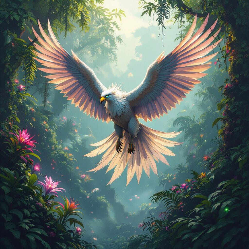 Griffin Soaring Through Alien Jungle, Fantasy Concept Art