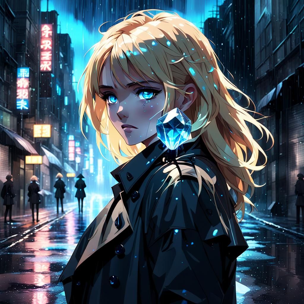 Anime Girl in Rainy City with Glowing Crystal